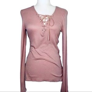 Express Rib Knit Long Sleeve Top Blush Peachy Pink Corset Tie Neck Size Medium